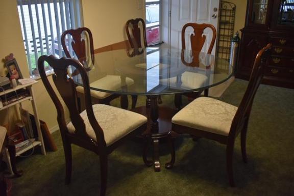 Glass Round Table W/ Cherry Wood Base