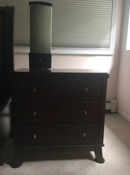 King size bed frame with mattress foundations,dresser, night stand, & bedroom night lamp