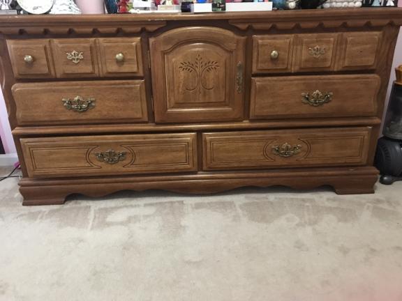 Full size bed frame, dresser and boxspring