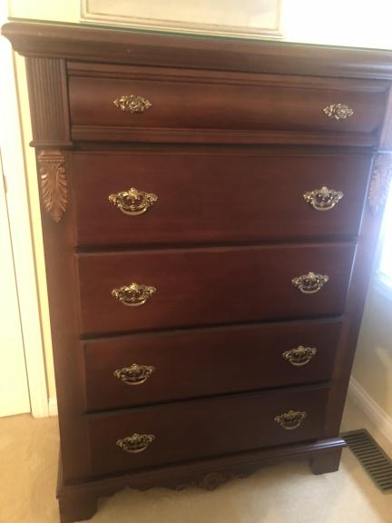 Queen bed, dresser, chest.