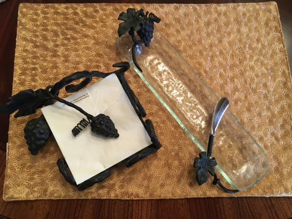Cast Iron Napkin Holder & Cheese Tray W/Knife