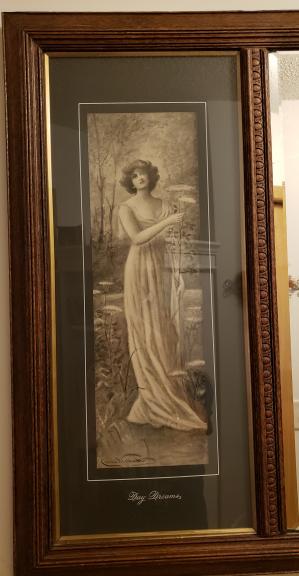 Antique wall mirror w Cress Woollett prints