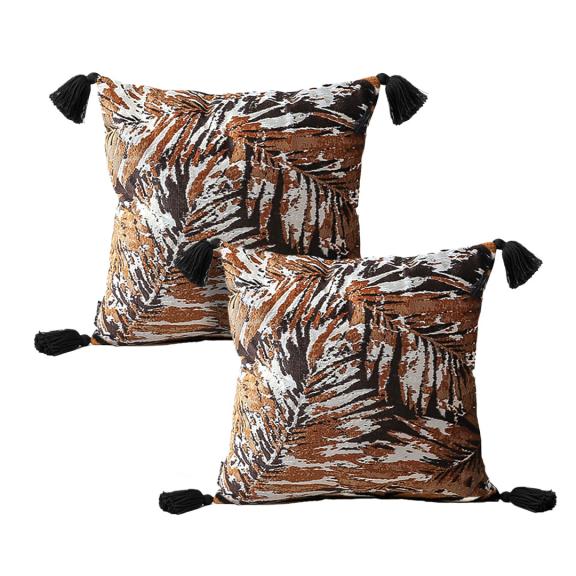 SOGA 2X 45cm Velvet Brown/Black/Ivory Leaf Print Polyester Cushion Cover with Tassels