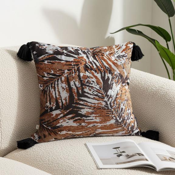 SOGA 2X 45cm Velvet Brown/Black/Ivory Leaf Print Polyester Cushion Cover with Tassels