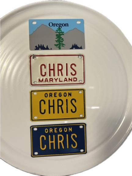 Vintage Mini Personalized (3) aluminum license plates & 1 Brand new plastic plate still customizable for sale in Oakland OR