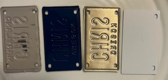 Vintage Mini Personalized (3) aluminum license plates & 1 Brand new plastic plate still customizable
