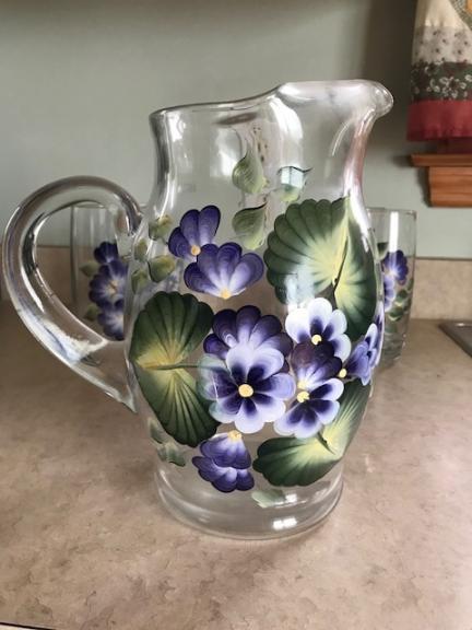 Hand painted glass pitcher set