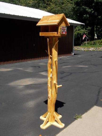 Rustic White Cedar Pole w/bird feeder