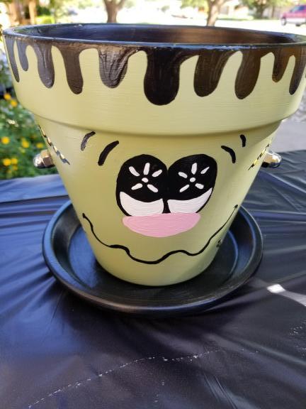 Frankenstein hand painted clay pot planter