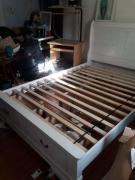 Queen White wooden sleigh bed with matching storage trunk for sale in Queens Village NY